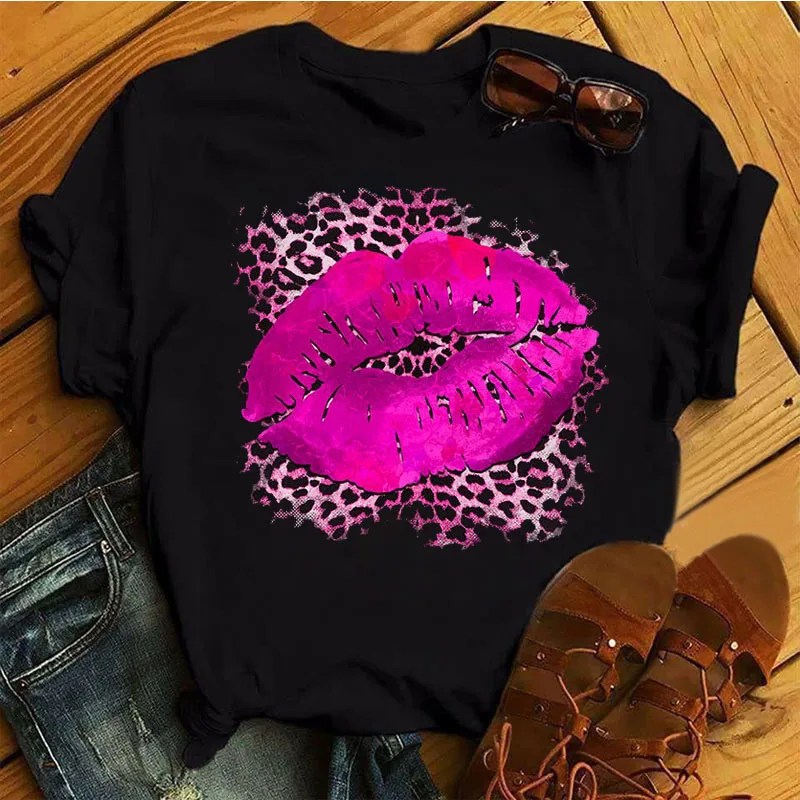 

Casual Top Pink Leopard Print Lips Women's Top New Women's Sexy Lip Pattern Women's T-shirt Women's Fashion Top