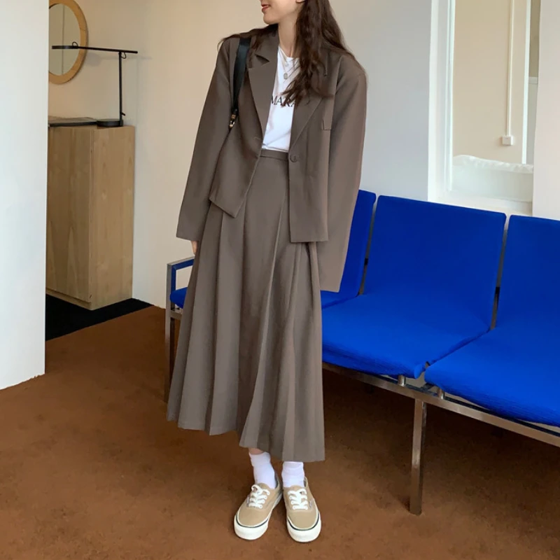 

Korean Spring Two Piece Set Women Long Sleeve Suit Jacket Coat and Long Pleated Skirt Blazer Suits Ensemble Femme 2 Piece Outfit