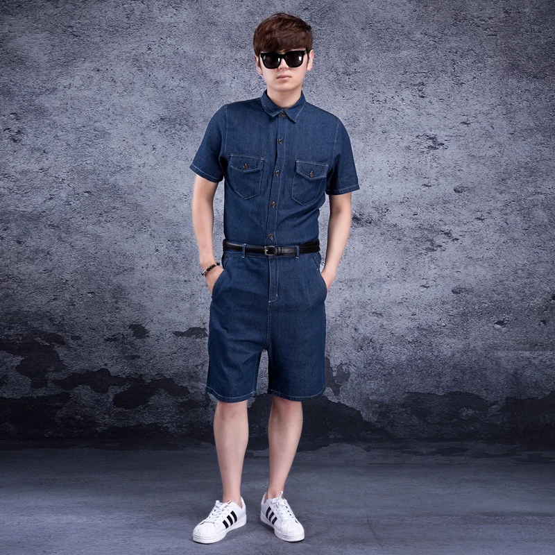 One piece jeans suit one-piece underwear men's tooling trendy Jeans Shorts short sleeve summe