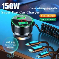 150w car usb charger 3 0 quick charge with cable 3 in 1 and lcd for iphone 13 12 11 pro max ipad xiaomi samsung mobile phones