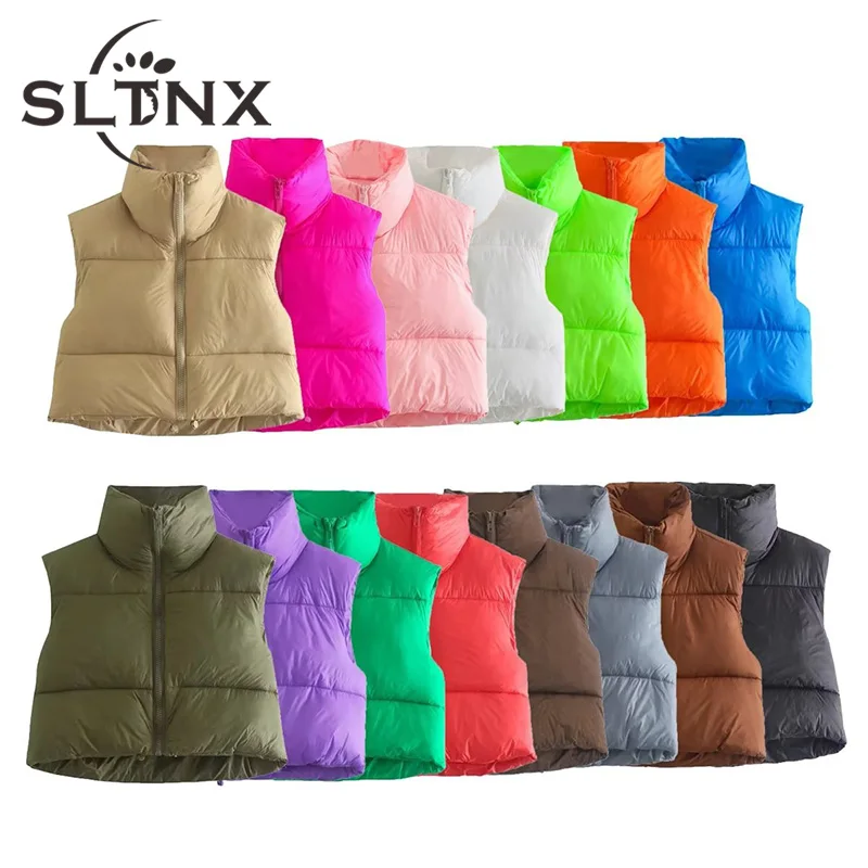

Женская зимняя куртка SLTNX 2022, однотонный жилет без рукавов с круглым вырезом и молнией, дамский жилет, пальто, женская верхняя одежда