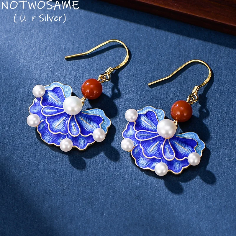 

NOTWOSAME Retro Enamel Butterfly Earrings for Women Natural Pearls Agate Earrings Ethnic 925 Silver Brincos Oriental Jewelry