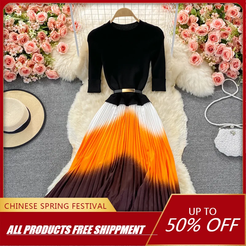 

Женское платье осень-зима, новое вязаное платье с длинным рукавом, украшенное вышивкой, плиссированное платье на подкладке, элегантная боль...