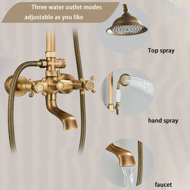Душевой смеситель ванной комнаты Rainfall с двумя рукоятками, комплект из античной латуни, система с душевой головкой 8" и насадкой для душа.