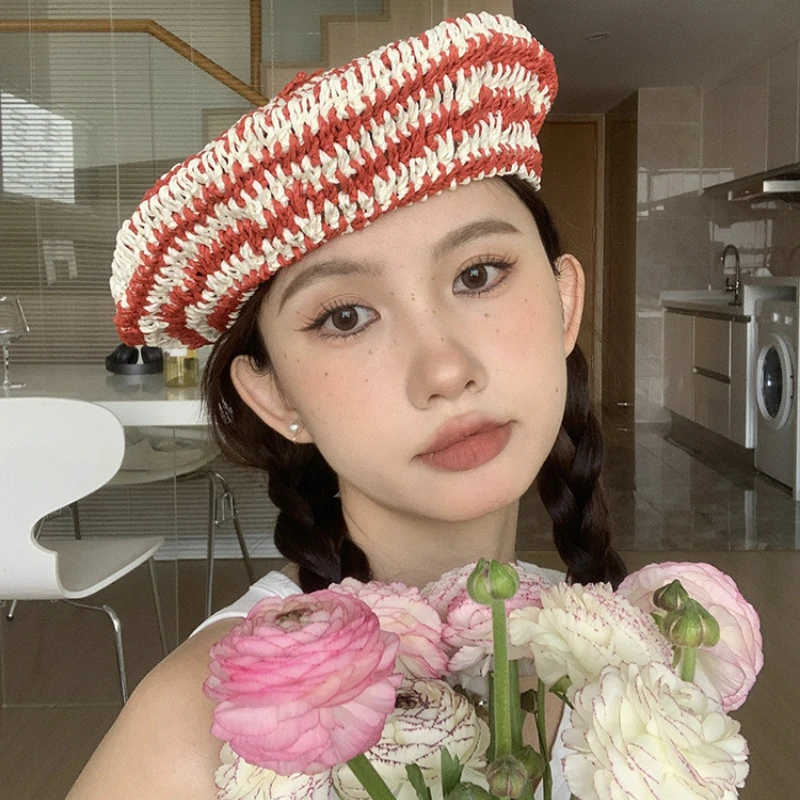 

Japanese Handmade Straw Cap Personalized Stripe Beret Women's Korean Fashion Spring Summer Breathable Retro Painter Hat gorra