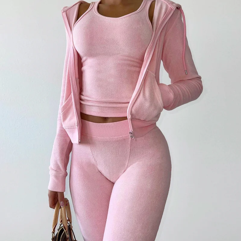

2023 New Fashion Outfit Velour Zip Up Sweatsuit Woman Cropped Top Hoodie Jackets Three Piece Set Women Tracksuit