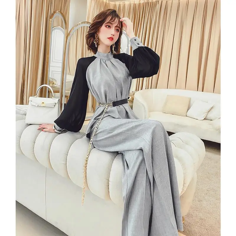 

2022 Women Spring Autumn New OL Suits Female Long Sleeve Patchwokr Shirt Tops + Loose Wide-leg Pants Ladies 2 Piece Sets H144