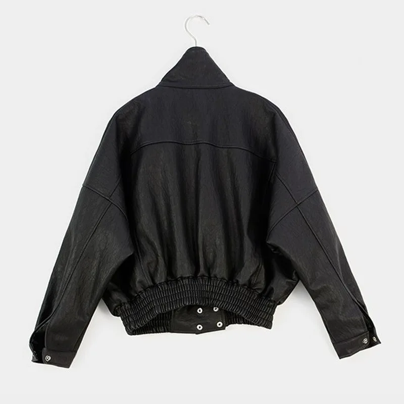 Autumn leather jacket coat black short style locomotive PU leather bat sleeve loose leather clothing for wome