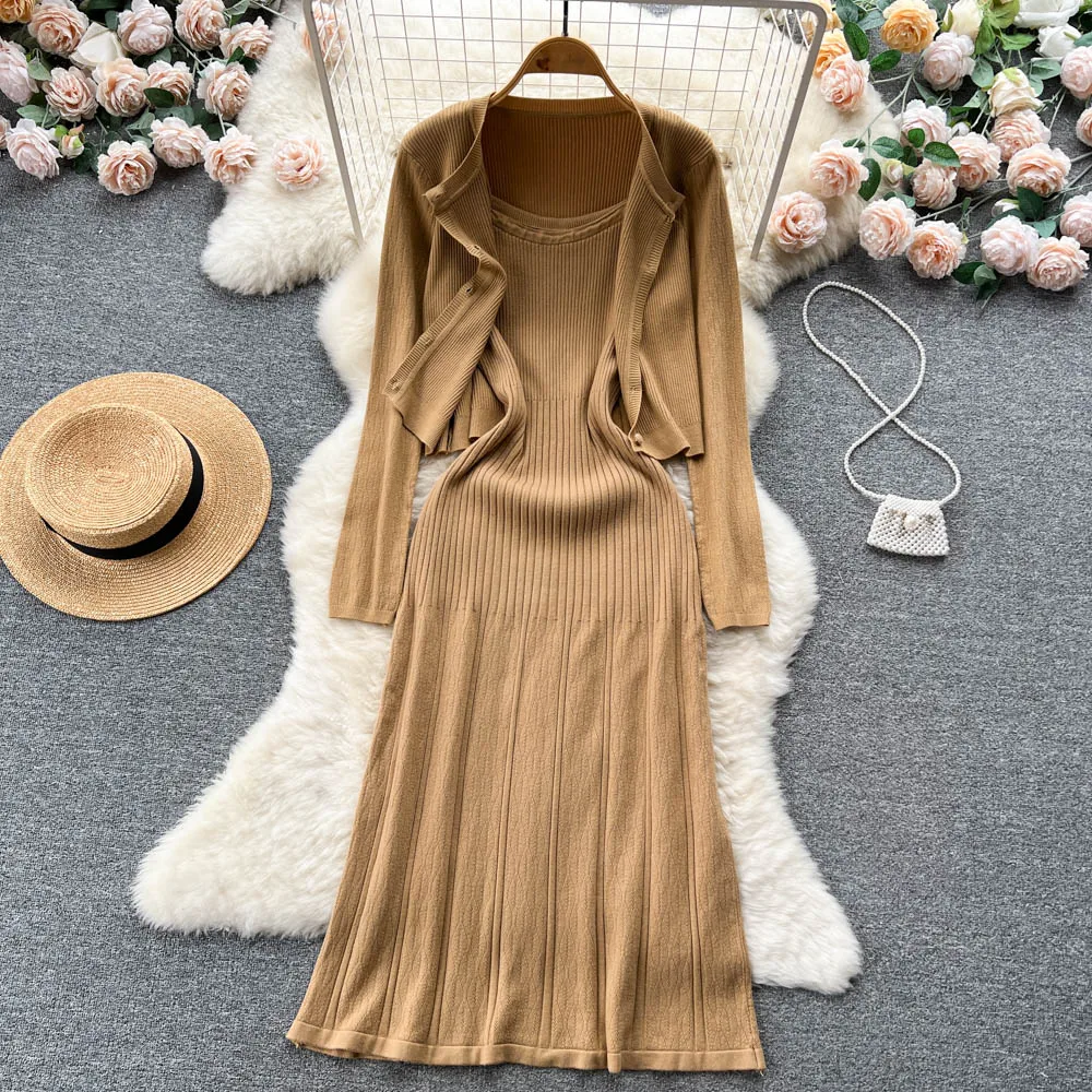 Spring French Knit Long-sleeved Shawl Cardigan + Halter Hem Dress Two-piece Set