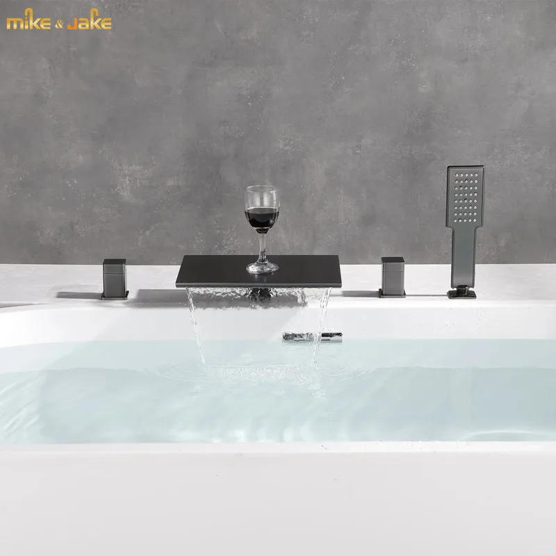 

Frosted gray bathtub tap waterfall Gold bath mixer Gunmetal brass bathtub mixer hot and cold bath tap deck water tap in bath