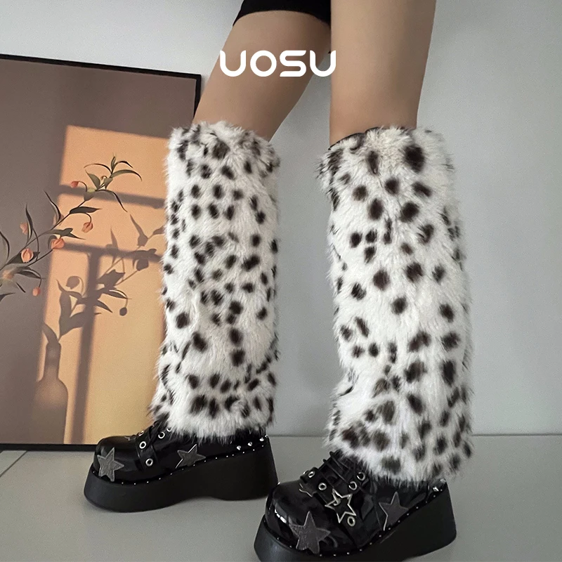 

Leopard Faux Fur Leg Warmers Women Winter Long Hot Y2k Girls Punk Boot Cover Socks Harajuku Fur Foot Warming Legcovers Handmade