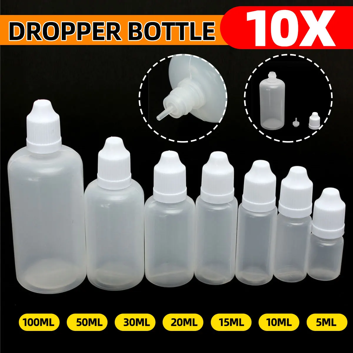 

10 Pcs/lot Empty Plastic Squeezable Dropper Bottles Eye Liquid Dropper Sample Eyes Drop Refillable Bottle 5/10/15/20/30/50/100ml