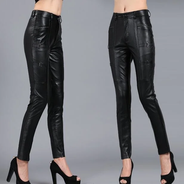 

Hot 2022 Spring New Woman Genuine Leather Long pants Women Fashion Pencil Feet Trousers Female Slim Sheepskin Skinny Pants S-5XL