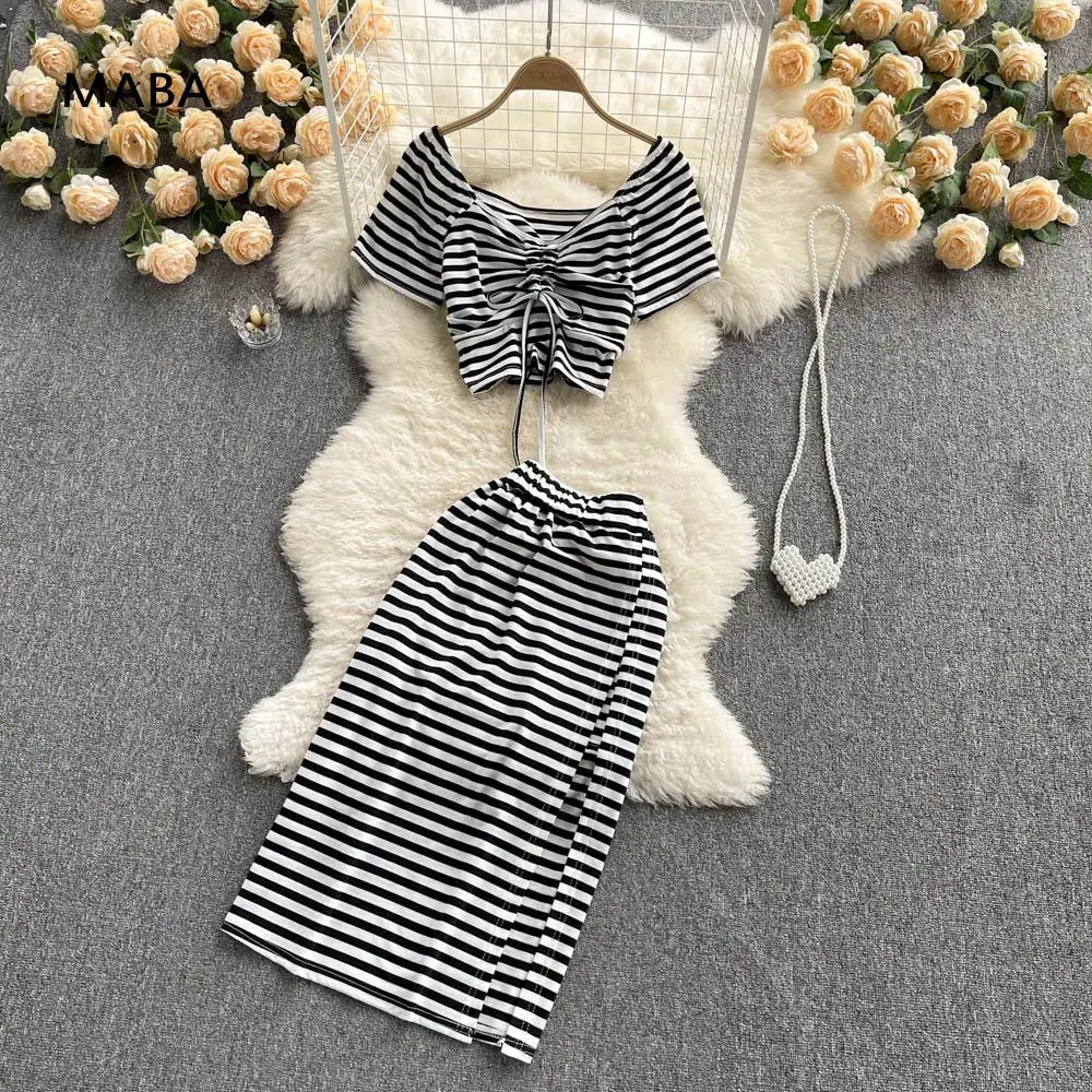 

Striped Skirt Two Piece Set Women Summer Sexy V-neck Short Sleeve T-shirt Top+high Waist Slim Side Slit Leg Skirt Korean Suit