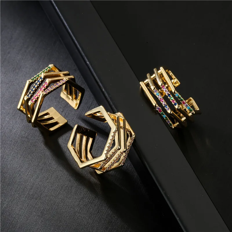 

Colorful Geometric Opening Ring 18K Gold Wedding Ring Set for Couple Promise Rings Custom Jewelry Materials Saint Seiya Geode