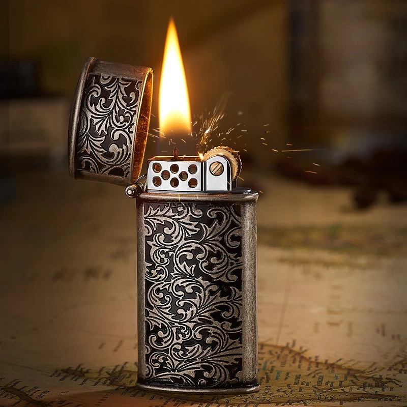 

Vintage Cigarette Lighter Refillable Kerosene Flint Lighter Emboss Brass Torch Lighters Smoking Accessories Cigarros De Sabores
