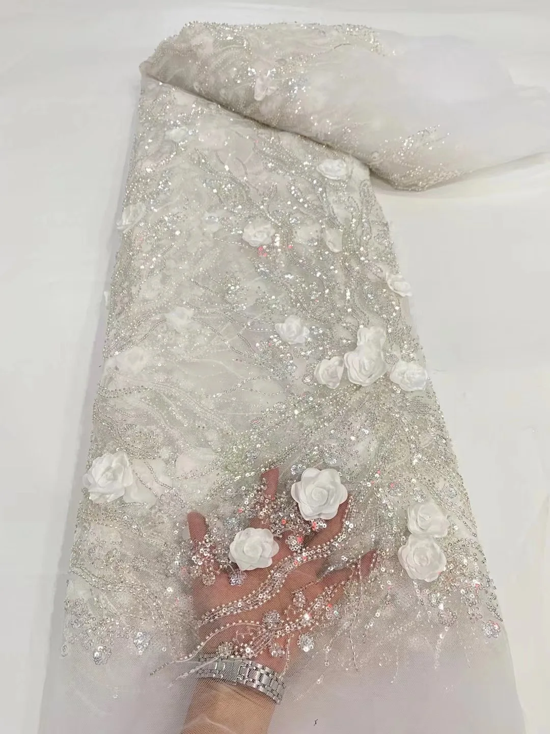 

Новое поступление, французское популярное объемное цветочное кружево с бусинами, сетчатая ткань Afirca, кружево с блестками, искусственное вечернее платье D5511