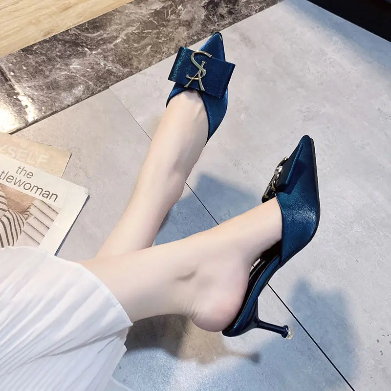 2023 New Square Button Pointed Red Mueller Baotou Half Slippers Women's Slim Heels Versatile Mesh Red One Step Lazy Shoes