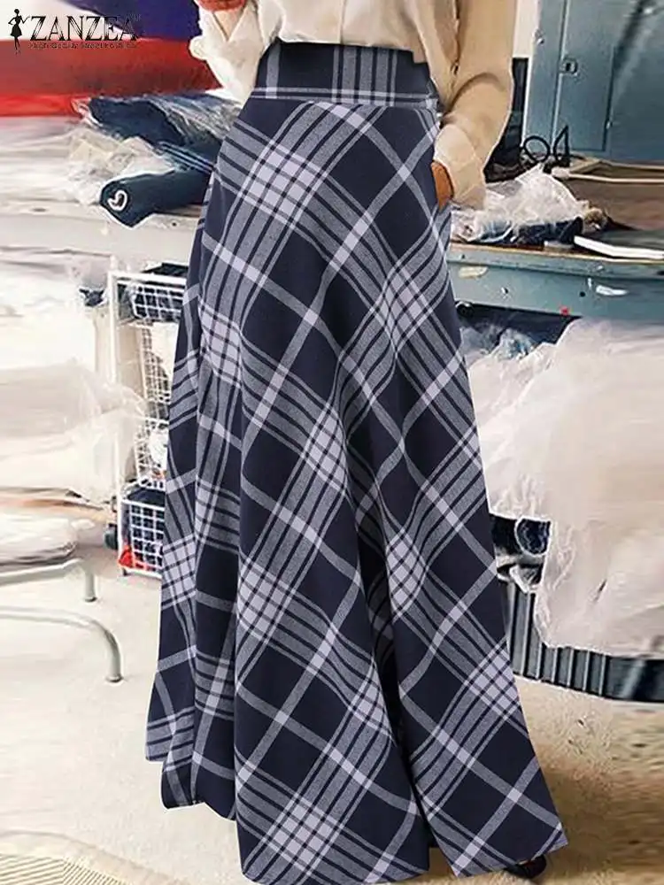 

2022 Stylish Grid Retro Sundress ZANZEA Elegant Plaid Skirt Women Casual Back Zip Kaftan Checked Printed Faldas Saia Female Robe