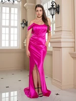 women sexy off the shoulder open back v neck strapless padded ruched split stretch satin fuchsia evening party dress