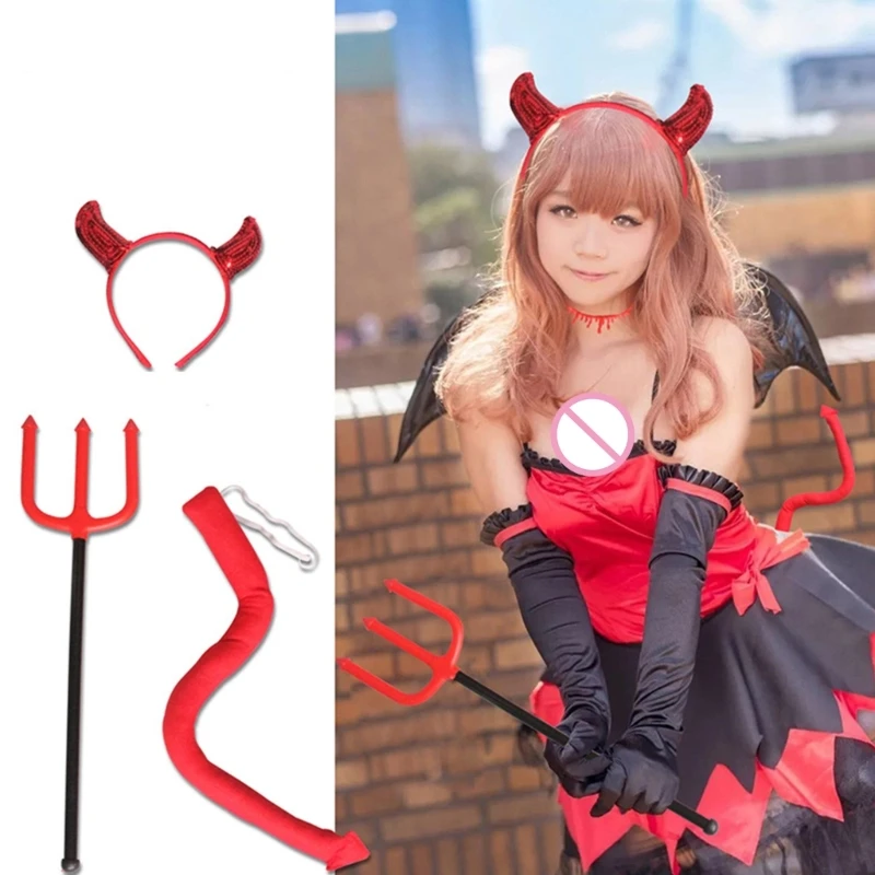 

Cosplay Devil Horns Headband & Tail & Choker & Scepter Costume Kit for Party Halloween Fancy Dress Cosplay Adult Child Chic Set