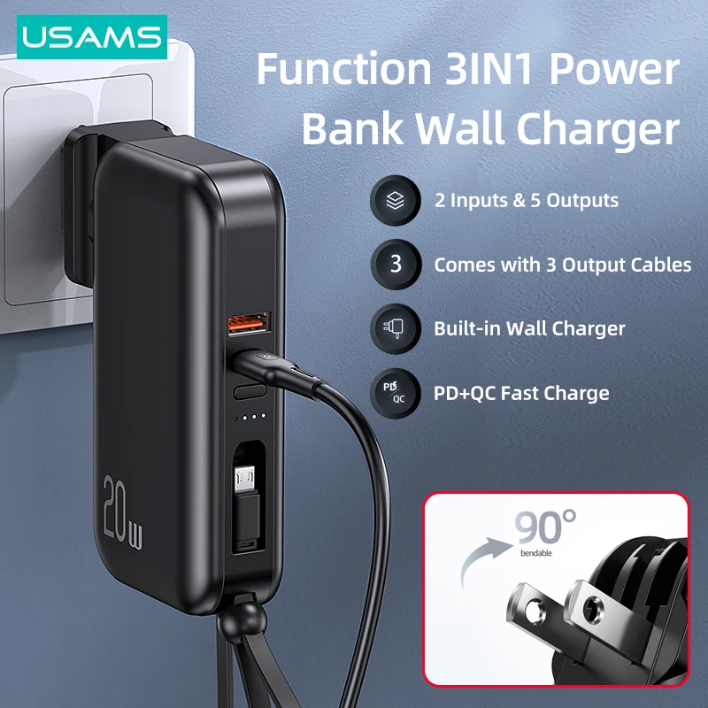 USAMS Power Bank 10000mAh With 20W PD Fast Charging Powerbank 3 In 1 Wall Charger With Cables US EU Plug For iPhone Huawei Phone