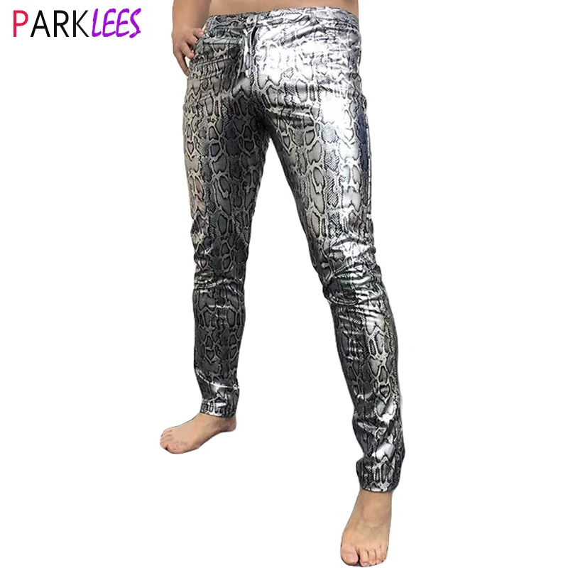 Silver Snake Metallic Stretch Pu Trousers Men 2022 Sexy New 70's Disco Dance Leather Pants Men Nightclub Party Prom Pants Male