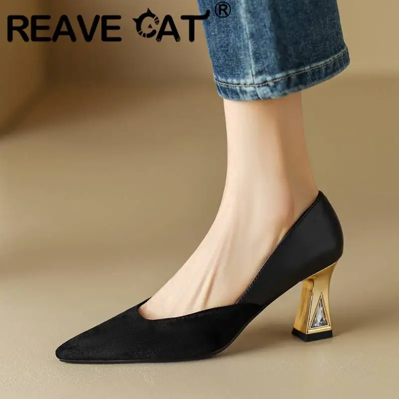 

REAVE CAT Luxry Shoes Women Pumps Pointed Toe High Heels 7cm Slip On Suede Splice Mixed Color Party Elegant Plus Size 44 45 46