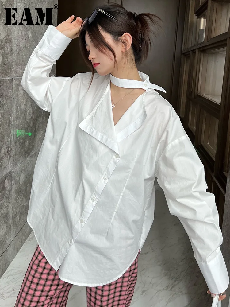

[EAM] Women White Big Size Casual Irregular Blouse New Halter Long Sleeve Loose Fit Shirt Fashion Spring Autumn 2022 1DE7760