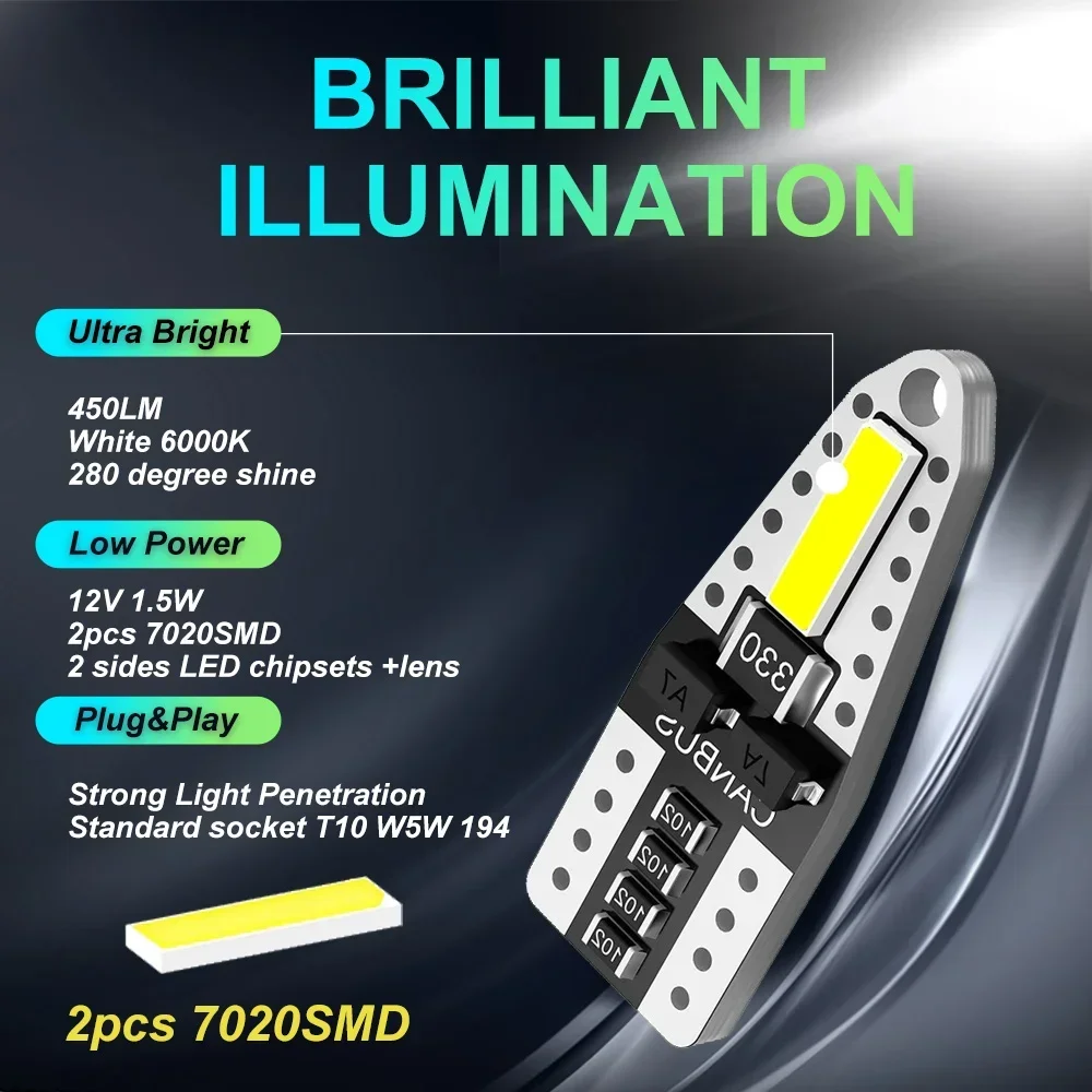 10 шт. T10 LED W5W Светодиодная лампа 7020 SMD 168 194 2825 Лампа для внутреннего освещения