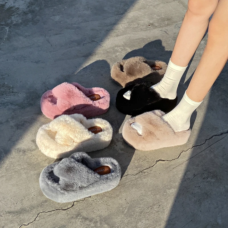 6CM Winter Slippers Women Fashion Cross Fluffy Fur Slipper Home Slides Platform Flat Indoor Floor Flip Flops Ladies Shoes 2023