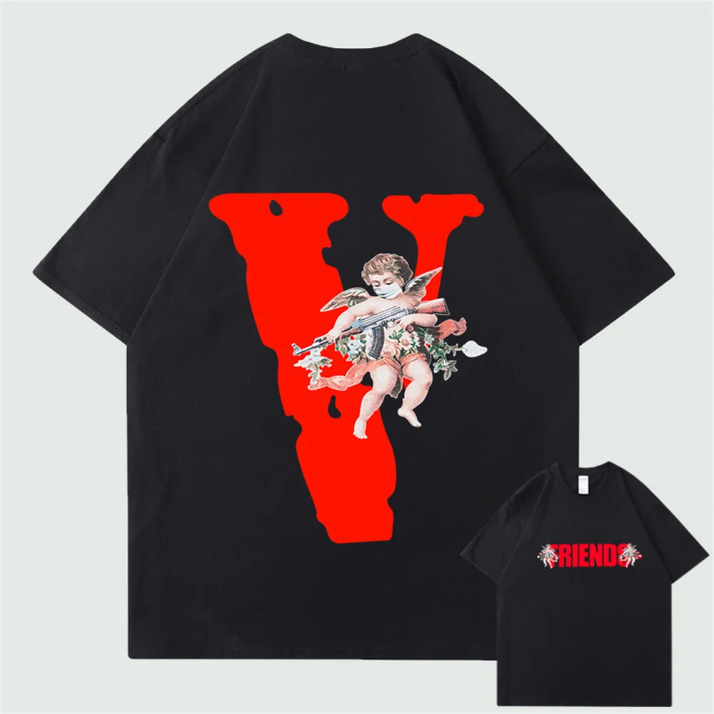

Футболка VLONE мужская оверсайз, модная уличная одежда из 100% хлопка, брендовая рубашка с коротким рукавом в стиле хип-хоп, с ангелом, AK47, лето