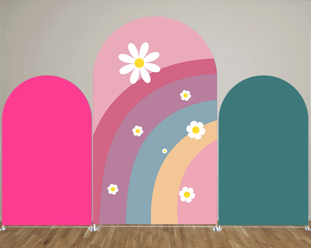 

Rainbow Daisy Print Theme Arch Backdrop Covers for Parties, Arched Panels Wedding Birthday Party Decoration Props