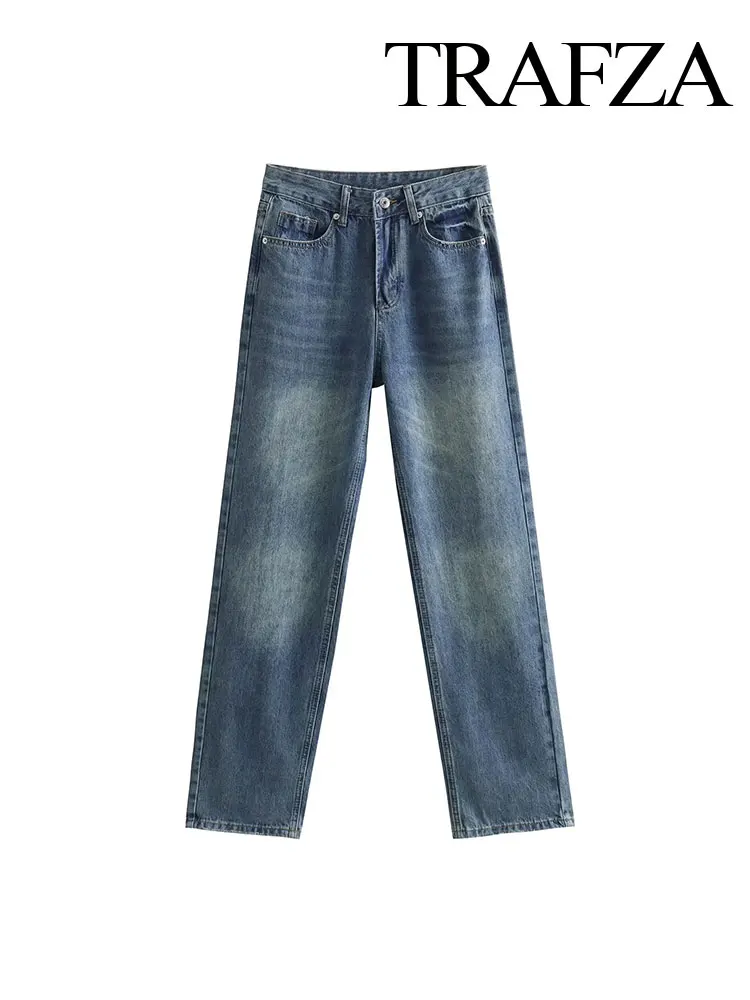 

TRAFZA Women's High Waist Slim Straight Jeans Retro Dark Blue Pocket Zipper Fly Women's Loose Pants Casual Street Pants Y2K