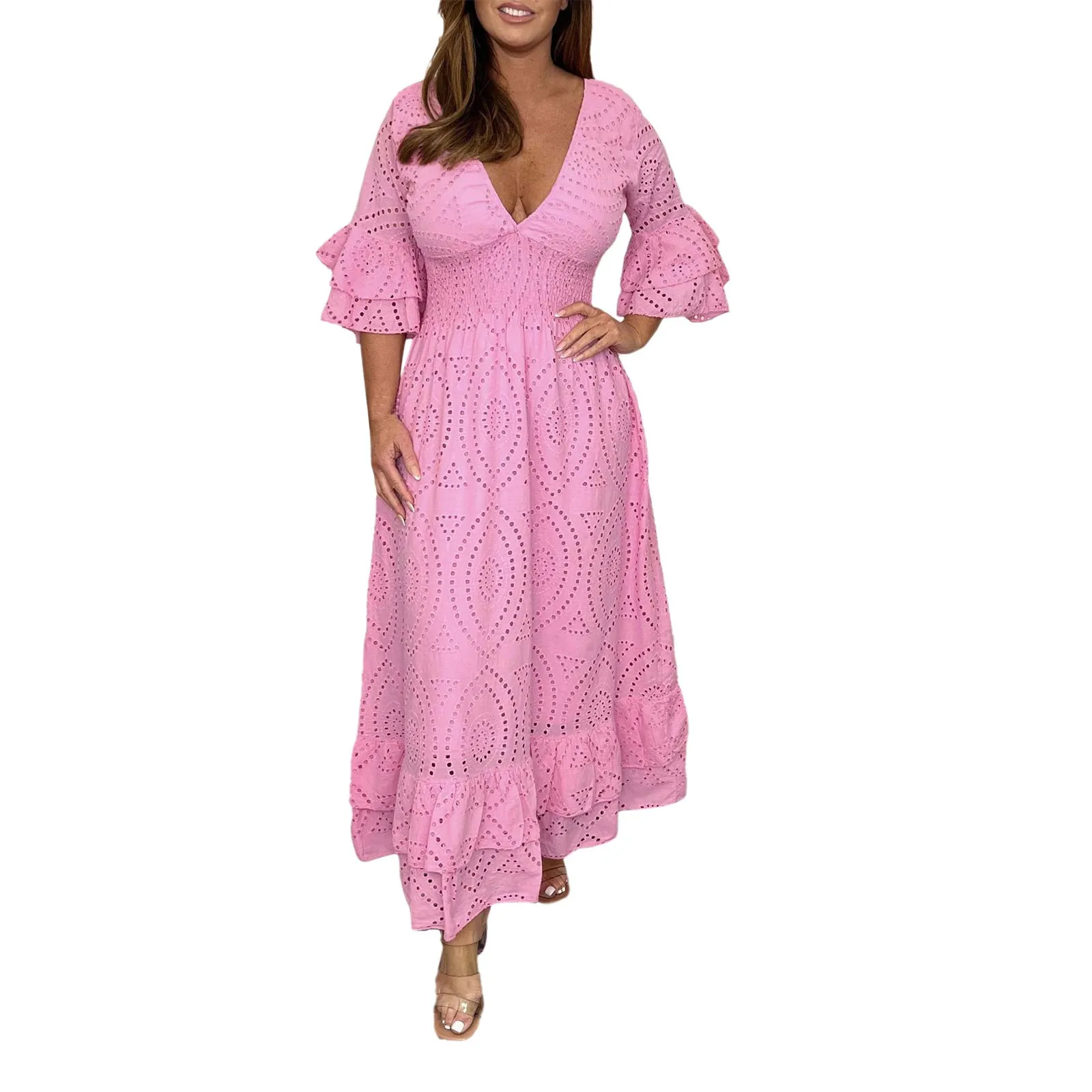 

Женское удобное свободное платье с высокой талией, однотонное платье с вышивкой и V-образным вырезом для рождественских женщин