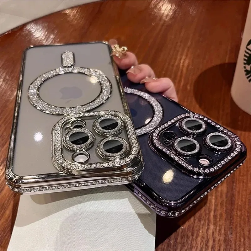 New Fashion Glitter Diamond Transparent Case For iPhone 16 15 14 13 11 12 Pro Max 16 Plus Magnetic Wireless Charge Bumper Cover (art.: 3920cb2bc6891) - 3920cb2bc6891