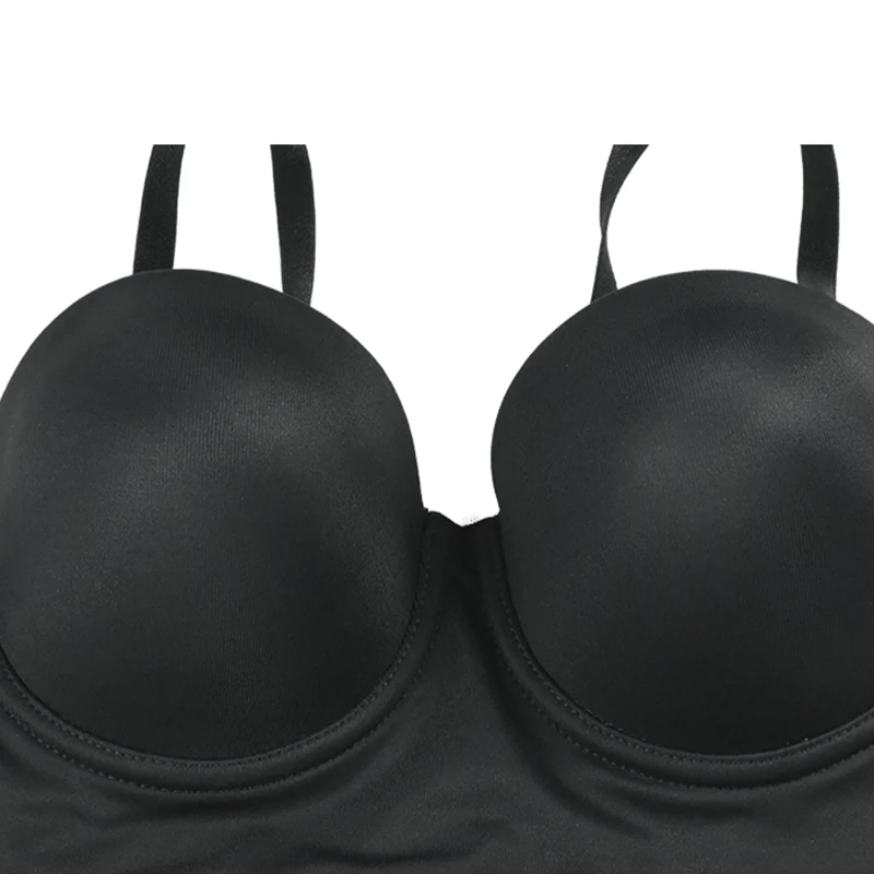 Женский эластичный комбинезон на косточках черный облегающий тонких бретелях