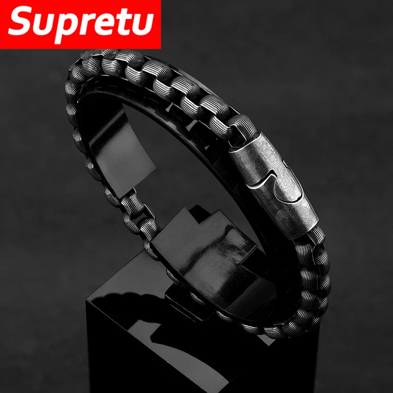 

Простой браслет в стиле панк для мужчин, черный браслет в стиле ретро, браслет из нержавеющей стали, аксессуары для рук, Очаровательная бижу...