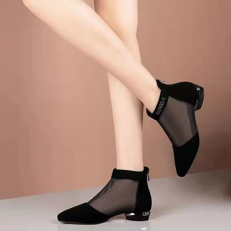 Elegant ladies shoes fashion 2023 pointed toe mesh boots summer ankle shoes low heels women breathable footwear
