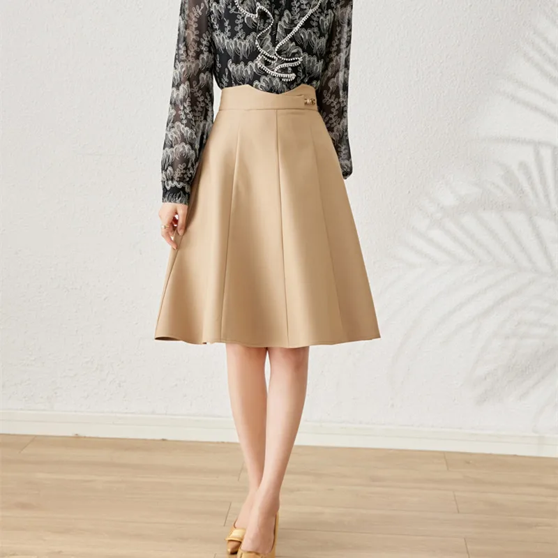 

Khaki Color Matel Button Women Long Skirt Spring High Waist Office Work Lady Ball Gown Skirts Clothes