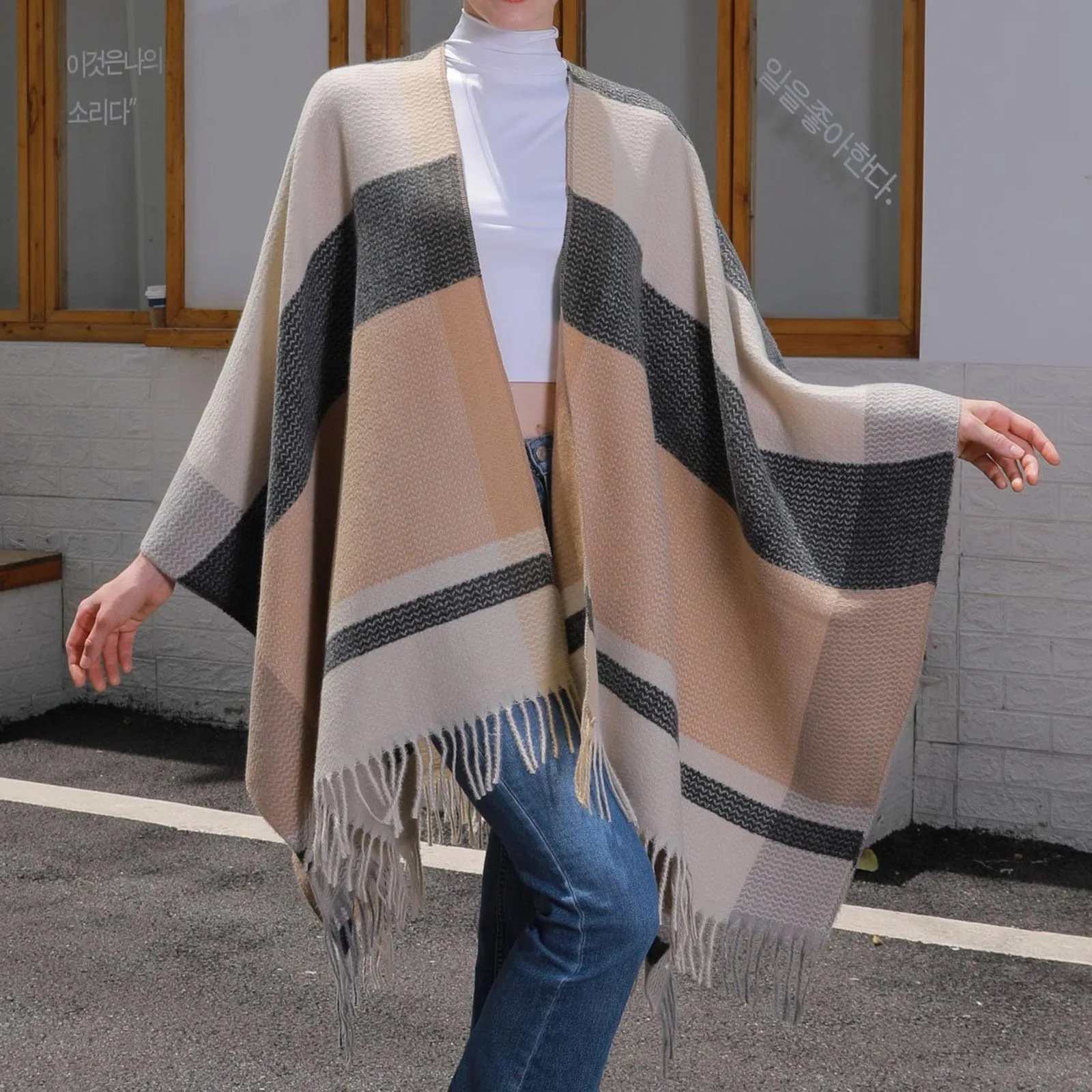 Женская теплая накидка с шалью зимний кардиган свитера цветными блоками