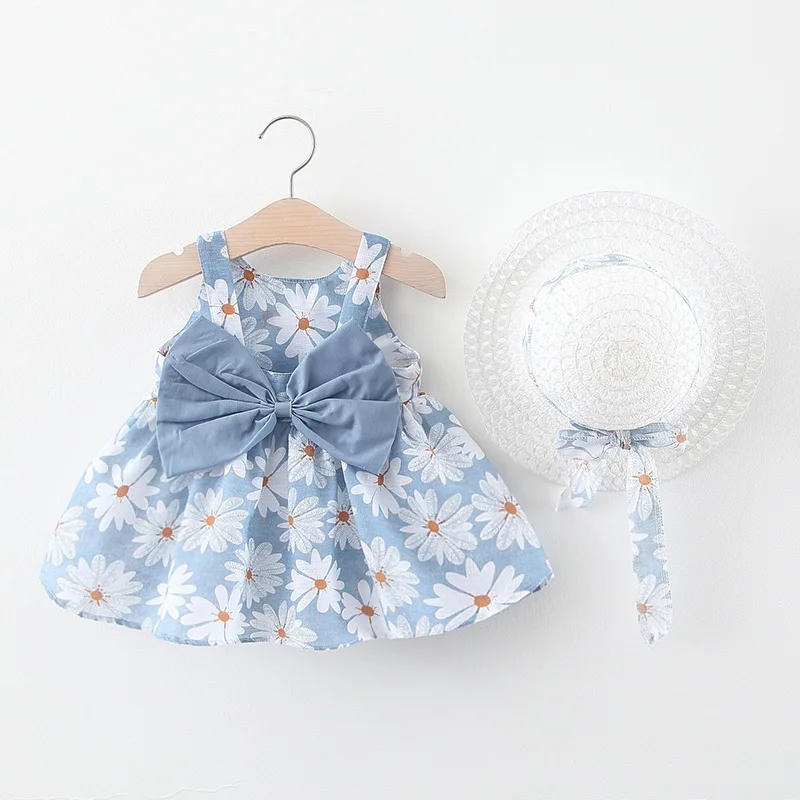 

Summer Baby Girl Flower Print Bow Princess Party Dress Hat set Outfits Children Clothes Set Toddler Infant Newborn Dresses