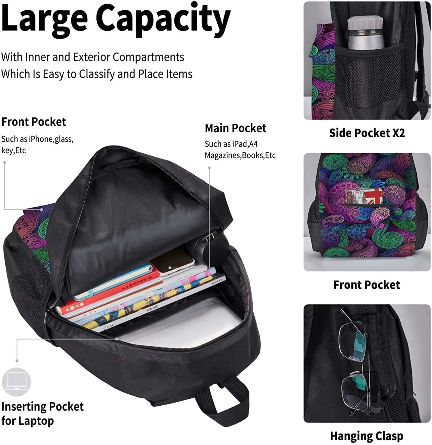 Kids School Backpack Paisley Print Pink Schoolbag Travel Bag Casual Daypack Lunch Bag Pencil Case for Boys Teens Girls 3pcs Sets