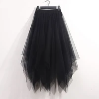 vintage tulle skirt women elastic high waist mesh skirts irregular long pleated tutu skirt female jupe longue