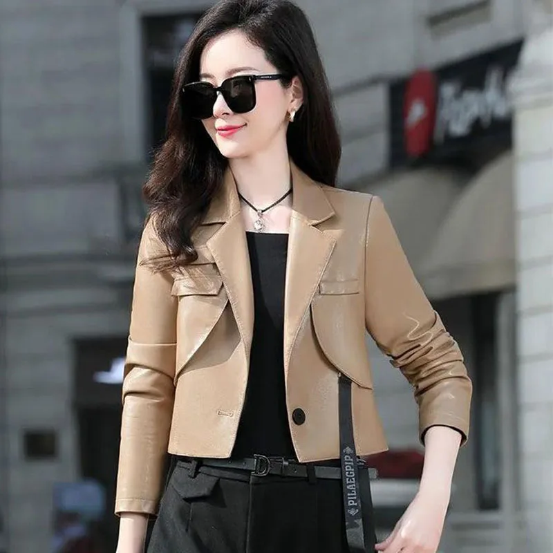 Women's PU Leather Short Jackets Coat 2022 Autumn Faux Fur Splicing Irregular Long Sleeve Ladies Skinny Locomotive Small Coats