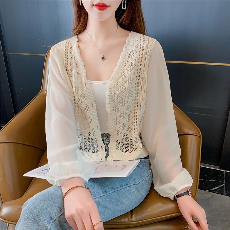 

Embroid Hollow Knitted Chiffon Shirt Women Sunscreen Clothing Blouse Cardigan Spring Summer Casual Loose V-neck Long Sleeve Top