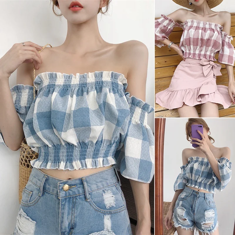 

Лидер продаж Kf-женский топ с открытыми плечами пуловер с коротким рукавом Блузка в клетку шифоновая блузка