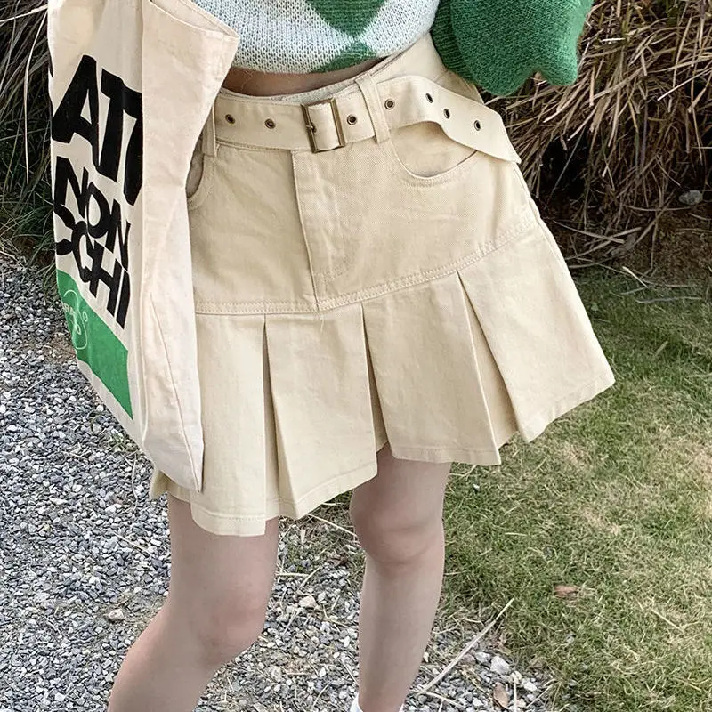 

Плиссированная юбка, свободная модная винтажная юбка с завышенной талией, Повседневная однотонная привлекательная мини-юбка А-силуэта с по...