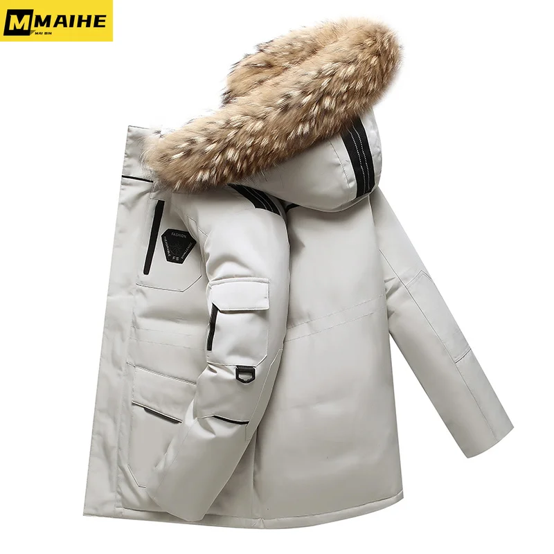 -30 Degree Winter Down Jacket Men Down Cotton Parkas Coat Mid-length Large Fur Collar Male Thicken Coat Snow Overcoat Parkas