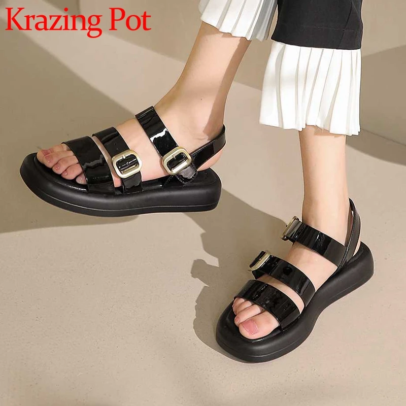 

Krazing Pot New Cow Patent Leather Thick Bottom Summer Shoes Young Lady Daily Wear Fashion Casual Buckle Strap Women Sandals L05